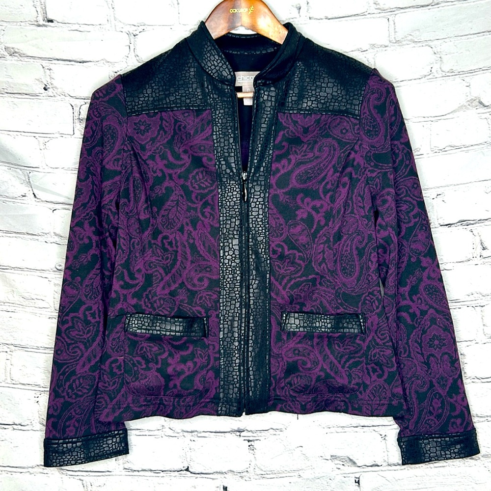 Chico’s Purple & Black Paisley Faux Leather Trim Zipped Jacket Size 4